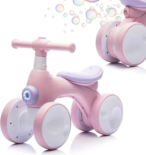 Bicicleta de equilibrio para bebés con máquina de burbujas para niños de 1 año, bicicleta de equilibrio para niños de 4 ruedas con fabricante de Rosa