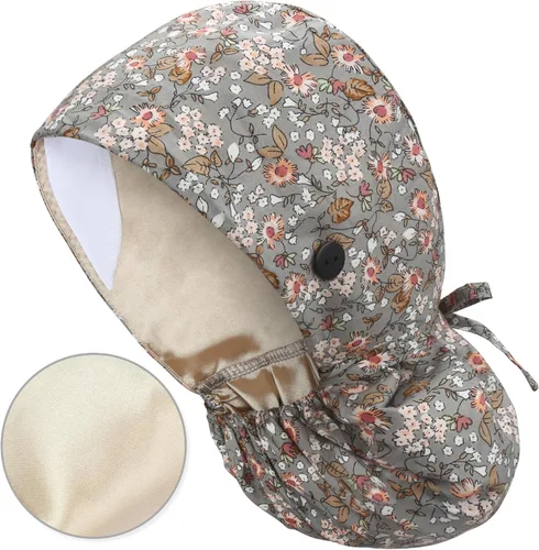 Miniatura 28 de QBA Gorra de trabajo ajustable con botón, gorro forrado de satén, gorro de trabajo de algodón, banda elástica para atar en la espalda, unisex Pt