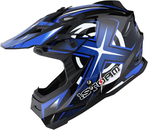 Miniatura 6 de 1Storm Casco de Motocross para Jóvenes Niños BMX MX Casco de Bicicleta Adolescente Estilo de Carreras; Azul de Carreras + Gafas + Paquete de Guantes