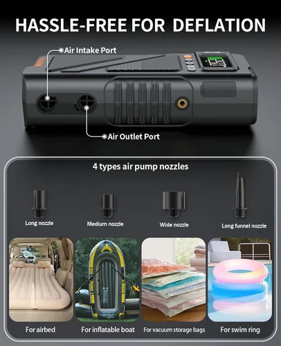 Miniatura 5 de Arrancador de 8000A con inflador de aire y compresor de desinflado, paquete de potencia portátil de 9 en 1 de 12V para todos los motores