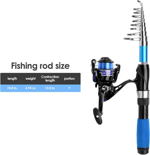 Miniatura 5 de Juego de caña de pescar plegable, 6.9 ft/6.89 pies con 2 carretes giratorios, 2 juegos de señuelos, línea de 328.1 ft, bolsa de transporte - agua
