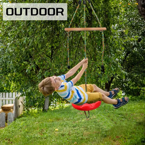 Miniatura 7 de Columpio de disco para niños, juego de columpios de árbol, accesorios de cuerda ajustable con barras de mono, 1 mosquetón, 2 correas para colgar Rojo