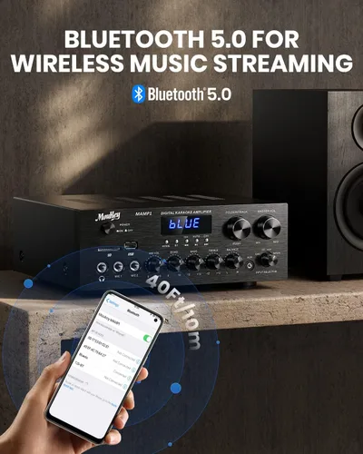 Miniatura 5 de Moukey - Receptores estéreo con Bluetooth 5.0, sistema de amplificador de audio de potencia estéreo de 2.0 canales con USB, SD, AUX, RCA, entrada