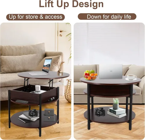 Miniatura 5 de FAHKNS Mesa auxiliar redonda con parte superior elevable con almacenamiento y compartimento oculto, mesa circular de dos niveles de 26.77 pulgadas
