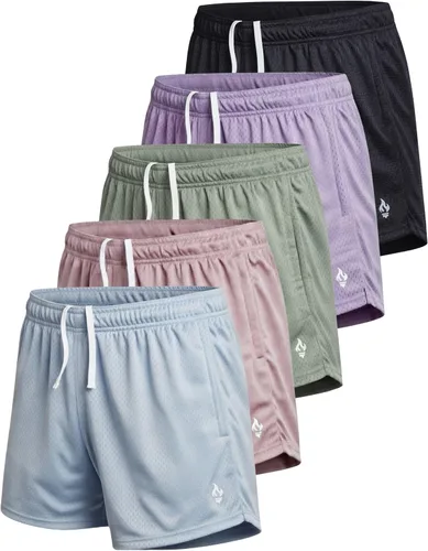 Miniatura 7 de Liberty Imports Paquete de 5 pantalones cortos deportivos de malla para mujer, entrepierna de 5 pulgadas, pantalones cortos sueltos con bolsillos