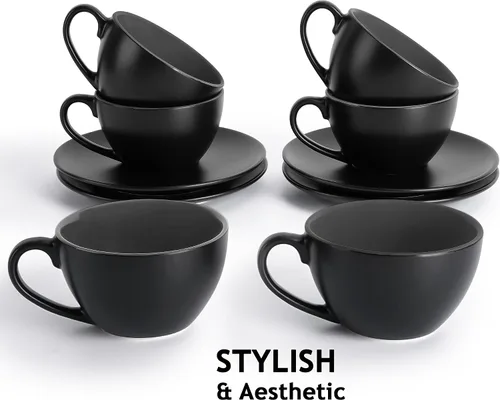 Miniatura 6 de MIAMIO - Juego de 6 tazas de capuchino apilables de cerámica / tazas de capuchino de 6 onzas y platillo con soporte de metal para bebidas de café