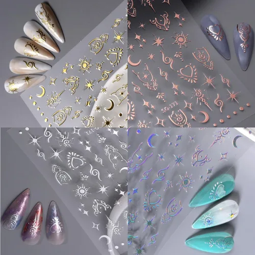 Miniatura 3 de 6 hojas de calcomanías de uñas de estrellas doradas 3D autoadhesivas plateadas, calcomanías de uñas degradadas de corazón y luna, calcomanías