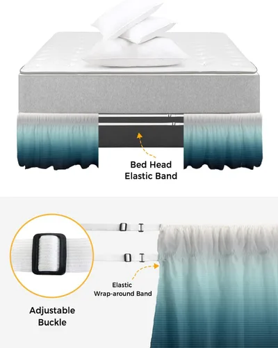 Miniatura 4 de Falda de cama turquesa degradada, tamaño Queen de 16 pulgadas de caída, ajustable y elástica, faldas de cama plisadas de lujo con volantes para cama