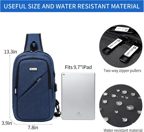 Miniatura 45 de DUSLANG Mochila de hombro para senderismo, bolsa cruzada para hombres, bolsas de pecho con puerto de cargador USB para campamento casual, ciclismo