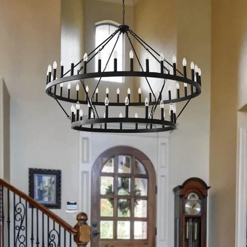 Miniatura 7 de Candelabro de dos niveles en negro, rueda de vagón grande, 54 luces, lámpara colgante de granja redonda de 152 cm, iluminación rústica para comedor