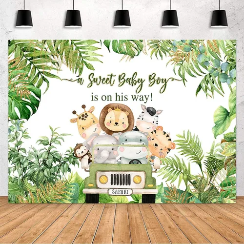 Avezano Decoraciones de telón de fondo para baby shower de safari para niños, 5 x 3 pies, temática de selva, texto en inglés "It's a Boy", Verde