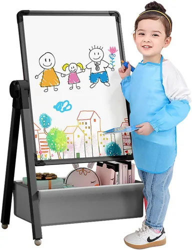 Caballete de arte para niños, caballete de dibujo de doble cara para niños, pizarra blanca y pizarra negra, giratorio 360° ajustable (negro)