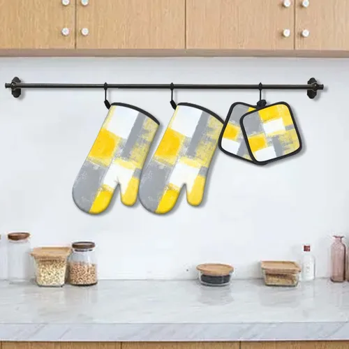 Miniatura 2 de MCALK Juego de 5 guantes amarillos para horno y soportes para ollas, guantes de horno grises y almohadillas calientes para cocina de cocina