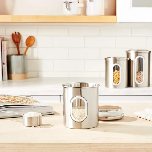 Miniatura 7 de Fox Run Juego de recipientes de acero inoxidable para encimera de cocina, juego de 3 piezas para azúcar, harina, café y más