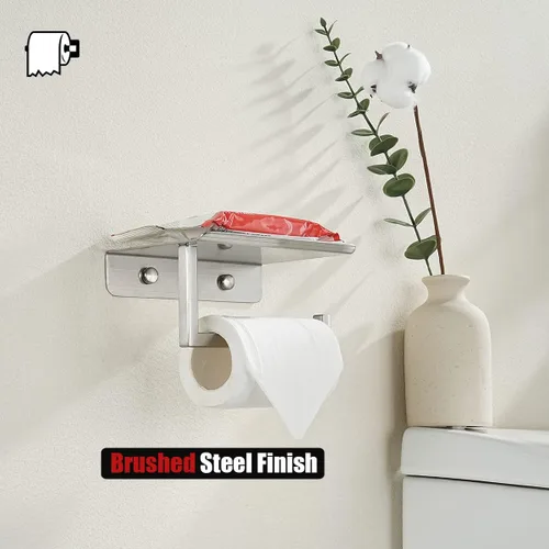 Miniatura 6 de JQK Estante para papel higiénico, soporte para rollo de papel higiénico con estante para teléfono, dispensador de papel de seda de acero inoxidable