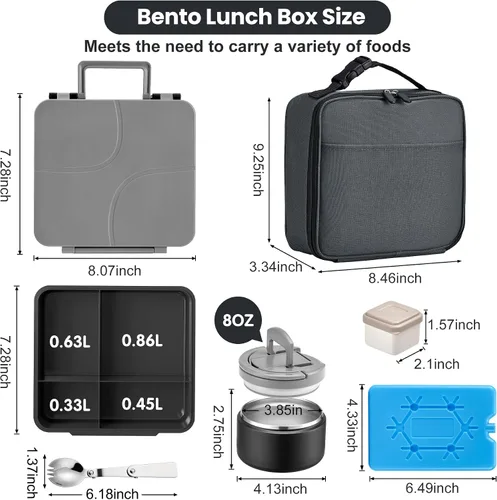 Miniatura 6 de Lonchera Bento con termo de sopa de 8 onzas, a prueba de fugas, 4 compartimentos, para niños, con taza de salsa y bolsa de hielo, tarro de comida