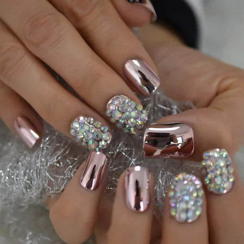Miniatura 5 de Coolnail - Puntas de uñas postizas de acrílico rosa metálico sexy, strass rosa claro, espejo decorativo brillante, uñas artificiales cortas L5538