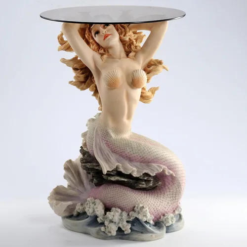 Miniatura 2 de Veronese Design 23 1/4 pulgadas de alto sirena de la cala redonda de cristal de la escultura de resina de la mesa de cristal pintado a mano acabado