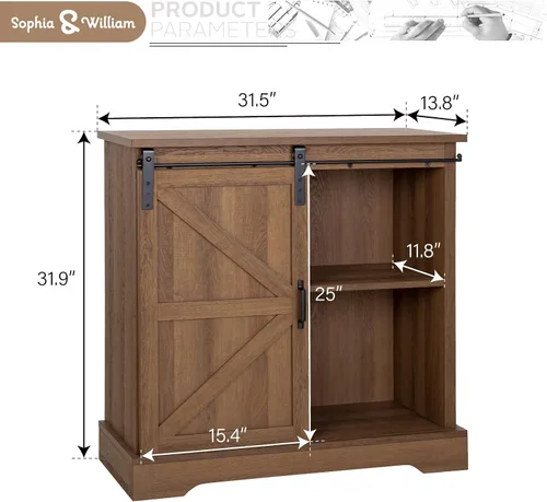 Miniatura 2 de Sophia & William Gabinete de barra de café para cocina, armario de almacenamiento de buffet con puerta corrediza de granero, 31.9 pulgadas de Roble
