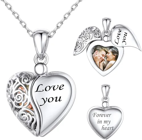 SILVERCUTE Personalized & Engraved Locket Necklace with 18" Chain -Angel Wings Locket, Custom Heart Locket Pendant That Holds Picture, Sterling