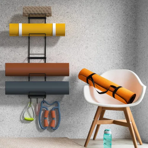 Miniatura 7 de Soporte para tapete de yoga, organizador de pared, rodillo de espuma de almacenamiento y bloque, con 5 secciones y 3 ganchos para colgar correa