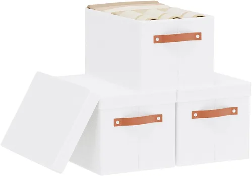 Miniatura 23 de Contenedor de almacenamiento plegable, caja de almacenamiento de 10.2 x 7.8 x 6.7 pulgadas con tapa, organizador de armario para organizar con asas