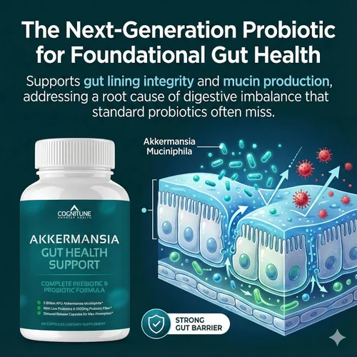 Miniatura 3 de CogniTune Probiótico con 5 mil millones de AFU Akkermansia Muciniphila - Apoya la salud intestinal con 30 mil millones de UFC y fibra prebiótica