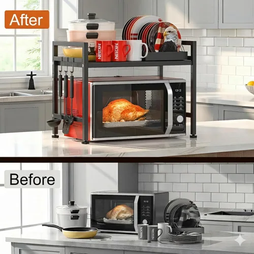Miniatura 3 de PUSDON Estante para horno microondas negro texturizado, organizador de encimera de cocina expandible de 2 niveles, soporte de acero al carbono