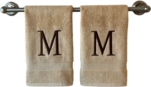 Miniatura 168 de Toalla de mano con inicial beige para baño, toalla bordada decorativa de calidad de hotel de lujo con monograma para tocador, spa, certificado