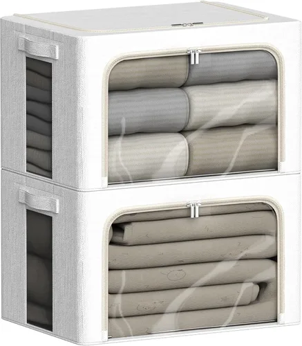 Miniatura 12 de FHSQX Paquete de 2 contenedores de almacenamiento de ropa apilables, caja de almacenamiento con marco de metal, organizador plegable de tela de lino