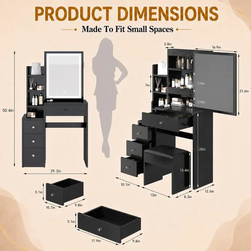 Miniatura 2 de BNSPLY 29.2" W Small Vanity Desk with Sliding Mirror, Black Makeup Vanity Set with 4 Drawers and 5 Shelves, Dressing Table with Cushion Stool for