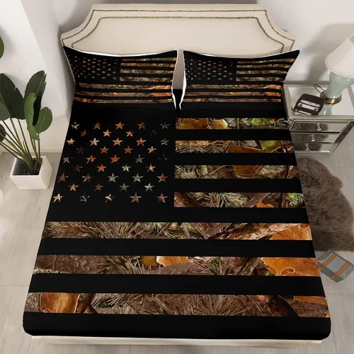 Miniatura 4 de Juego de ropa de cama de camuflaje con bandera estadounidense, tamaño Queen, sábanas de caza militar, hojas de árbol rústico, juego de sábanas