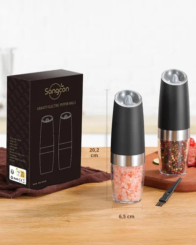 Miniatura 6 de Sangcon Gravity - Juego de molinillo eléctrico de sal y pimienta con agitador automático, molinillo con luz LED, FUNCIONA CON BATERÍAS, grosor