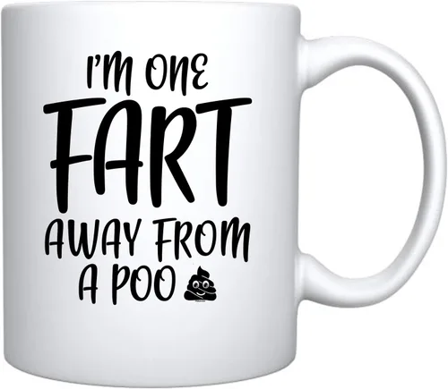 Miniatura 2 de Veracco Taza de café de cerámica blanca con texto en inglés "I One Fart Away From A Poo" - Divertido regalo de cumpleaños para alguien que ama beber