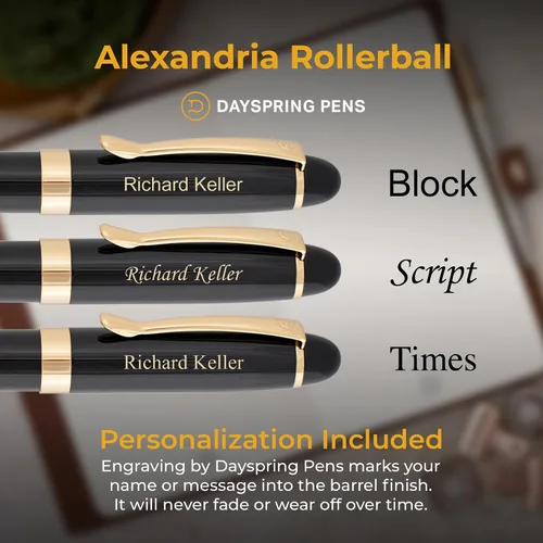 Miniatura 3 de Dayspring Pens Alexandria - Bolígrafo de punta redonda, negro con borde dorado, barril grande, grabado dorado en la tapa, repuesto estándar