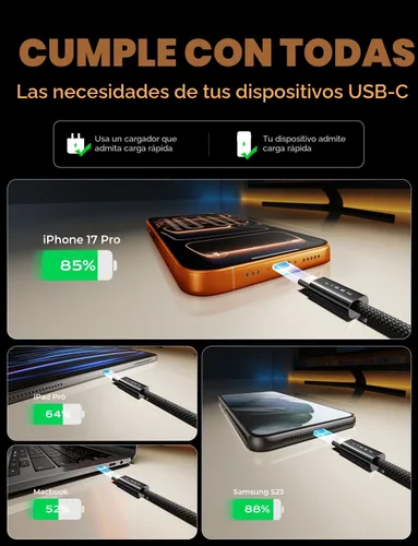 Miniatura 6 de LISEN Cable USB C a USB C, paquete de 5 [3.3/3.3/6.6/6.6/10 pies] para iPhone 17, cable C a C de carga rápida para iPad, iPhone 16 15 Pro Max, Negro