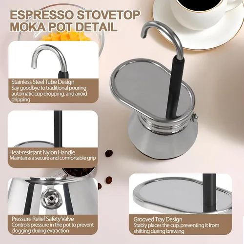 Miniatura 5 de Cafetera Moka de 1 Taza, Tubo Simple, sin Recubrimiento, de Acero Inoxidable Grueso 304, Mini Cafetera de Espresso para Estufa, Estilo Clásico