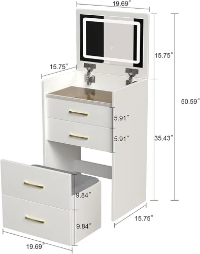 Miniatura 2 de Escritorio de tocador 3 en 1 con espejo abatible y luces, tocador compacto con silla oculta, escritorio de vidrio visible, 3 cajones, 3 modos