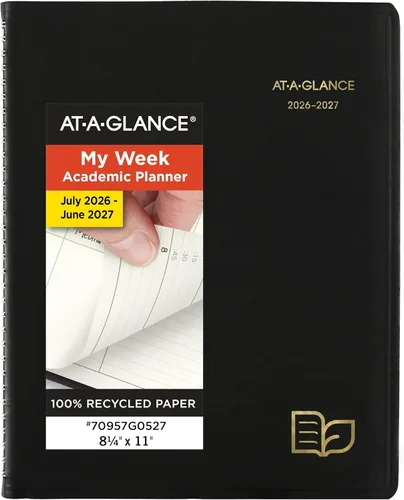 AT-A-GLANCE Agenda 2026-2027 semanal y mensual académica de 12 meses, julio-junio, libro de citas por cuartos de hora, 8-1/4" x 11", reciclado,