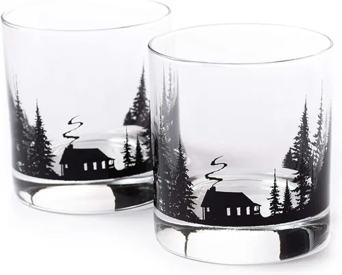 Black Lantern Juego de vasos de whisky Cabin in the Forest – Vasos de 11 oz estilo antiguo con diseño de cabaña y pino | Cristalería de base pesada