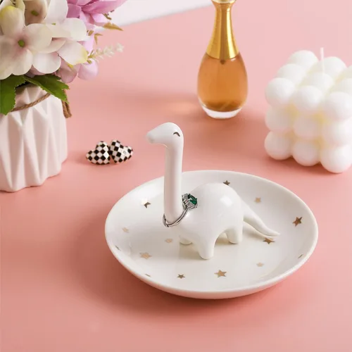 Miniatura 4 de PUDDING CABIN Soporte para anillos de dinosaurio blanco, regalos de cumpleaños para mujeres, bandeja de joyería única para anillos, aretes