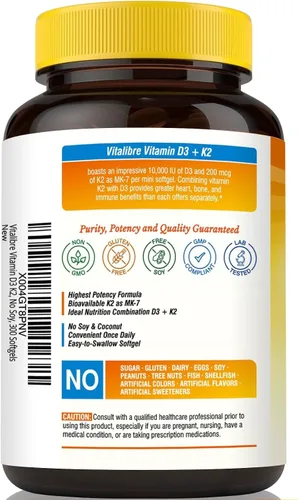 Miniatura 9 de Vitalibre Suplemento de vitamina D3 K2, 10000 UI D3 / 200 mcg K2 MK7, absorción de calcio, hueso, corazón, apoyo inmunológico y estado de ánimo