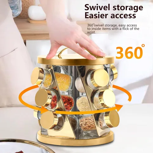 Miniatura 4 de Estante de especias portátil de acero inoxidable con 16 tarros de especias incluidos, organizador giratorio de especias para cocina, estante