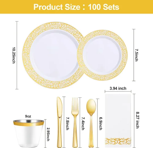 Miniatura 2 de Bestluck Juego de vajilla de plástico dorado de 700 piezas para 100 invitados, platos desechables para fiesta, incluye 100 platos de cena dorados