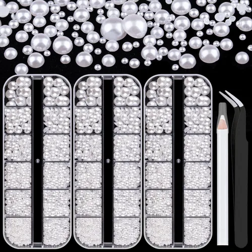 Miniatura 19 de Kit de 2700 perlas con parte trasera plana, 1 caja de color blanco con parte trasera plana + 1 caja de perlas pequeñas de color beige medio redondo