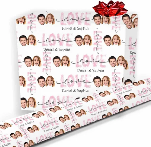 Miniatura 24 de Artsadd Papel de regalo personalizado con texto con imagen para aniversario, día de San Valentín, papel de regalo con foto personalizada con corazón