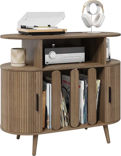 Soporte grande para tocadiscos de 35.5 pulgadas con estación de carga, gabinete de almacenamiento de discos de vinilo, moderno soporte para