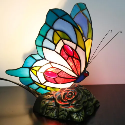 Miniatura 5 de Pequeña lámpara de mesa Tiffany de vidrio manchado Lámpara de escritorio de mariposa de 7X5X9.8 pulgadas Luz de acento antigua