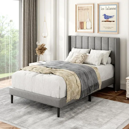 Miniatura 6 de Gruwans Estructuras de Cama Individual con Cabecera Wingback, Camas de Plataforma Tapizadas, No Necesita Somier, Soporte Resistente de Listones