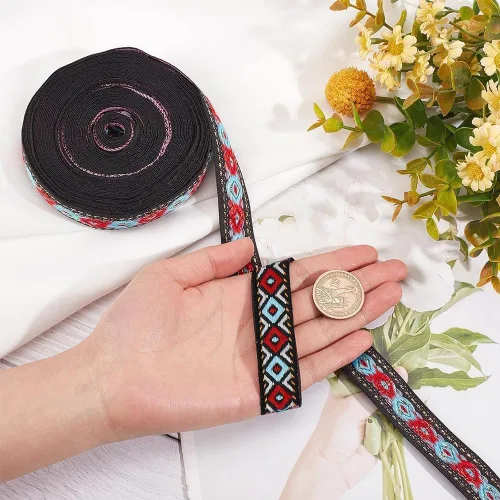 Miniatura 3 de GORGECRAFT Cinta de jacquard étnico de 10.94 yardas, cinta bordada de 3/4 pulgadas de ancho rojo azul geométrico rombo tejido flecos o bricolaje